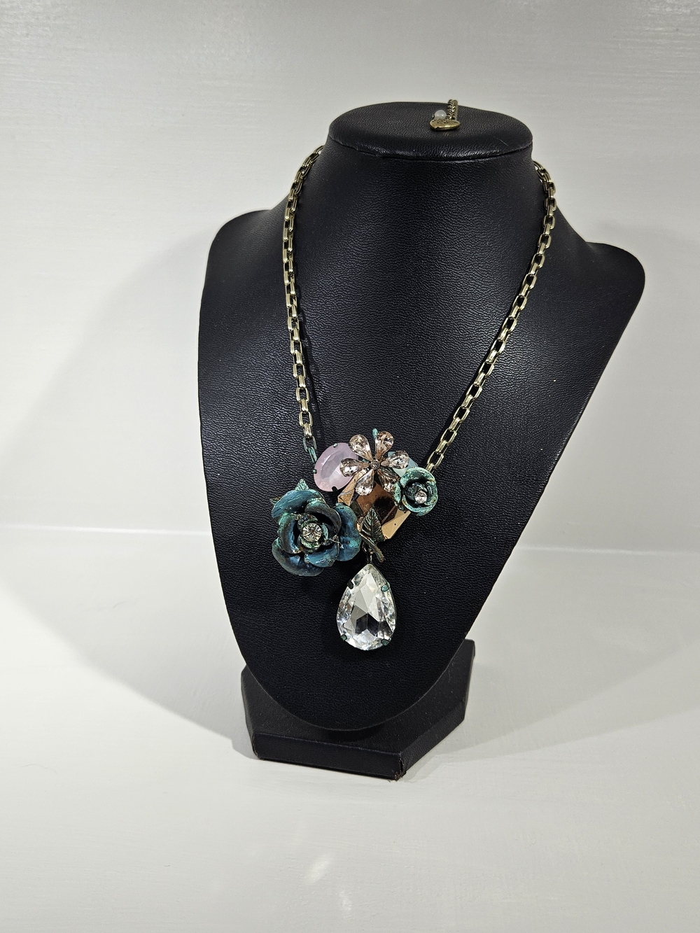 Betsey Johnson Patina Floral Statement Necklace with Clear Teardrop Crystal